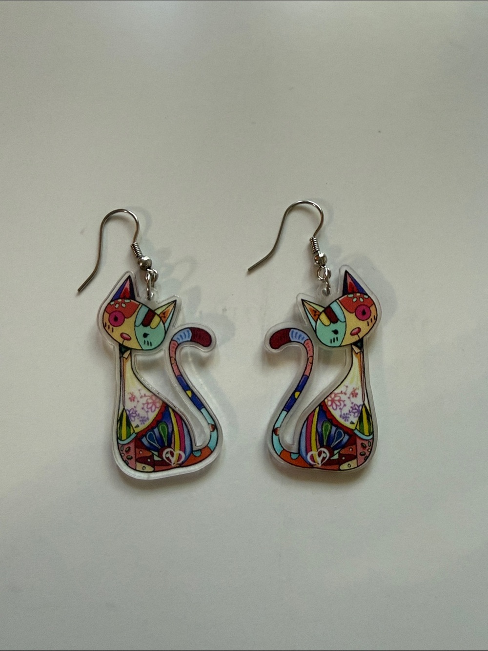 Colorful Cat Dangle Earrings - Multicolor Cat Design